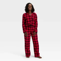 Women's Plaid Flannel Long Sleeve Shirt And Pants Holiday Matching Family Pajama Set - Wondershop™ Red/Black -Wondershop GUEST 2a4a105e 1d01 428d 95d8 1ac14f3375fd