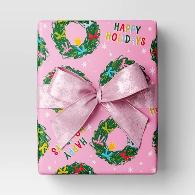 30” 20 Sq Ft Christmas Roll Wrap Happy Holidays And Wreaths On Pink - Wondershop™ 1 30” 20 Sq Ft Christmas Roll Wrap Happy Holidays And Wreaths On Pink - Wondershop™