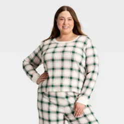 Women's Plaid Ribbed Long Sleeve Holiday Matching Family Pajama Shirt - Wondershop™ Cream -Wondershop GUEST 5a370036 4c3f 43d2 9831 4a36475ac44d